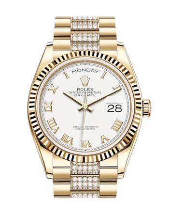 ROLEX Day-Date 36 White Roman Dial 18K Yellow Gold Watch Diamond set president Bracelet 128238