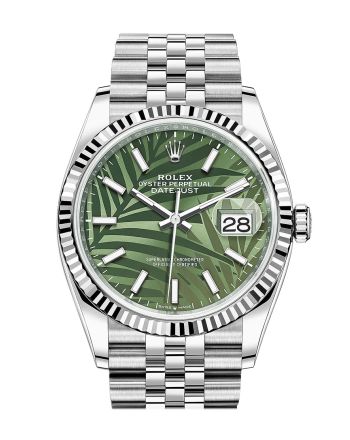 Rolex Datejust 36 Olive Green Palm Motif Dial Fluted Jubilee Watch 126234