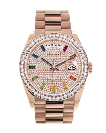 Rolex Day-Date 36 Everose Diamond Bezel  Diamond Paved Rainbow Sapphire Dial President Bracelet Watch 128345RBR