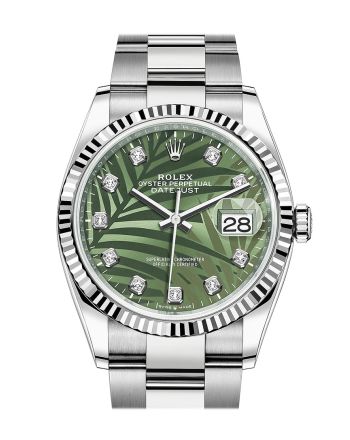 Rolex Datejust 36 Olive Green Palm Motif Diamond Dial Fluted Watch 126234