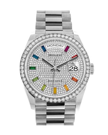 Rolex Day-Date 36 Fluted Bezel Diamond Paved Rainbow Sapphire Dial President Bracelet 128349RBR