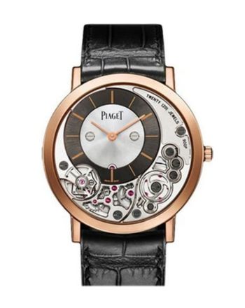 Piaget Altiplano Silver and Black Skeleton Dial 18kt Rose Gold Gray Leather Men's Watch GOA39110