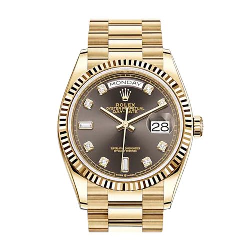 ROLEX Day-Date 36 Dark Grey Diamond Dial 18K Yellow Gold Watch 128238