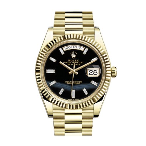 Rolex Day-Date 40 Onyx 10 Baguette Diamond Dial 18K Yellow Gold President Men's Watch 228238