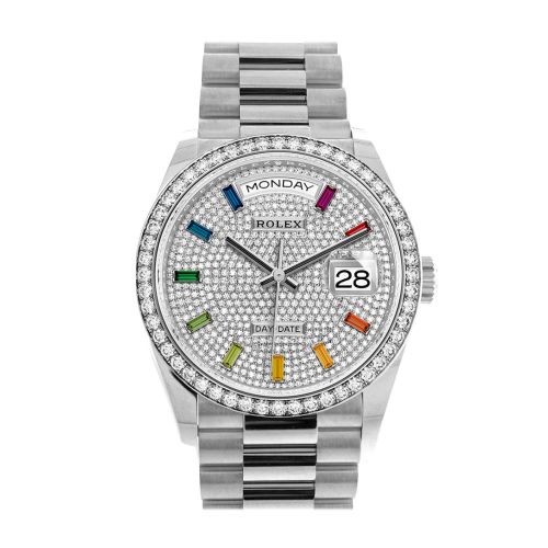 Rolex Day-Date 36 Fluted Bezel Diamond Paved Rainbow Sapphire Dial President Bracelet 128349RBR