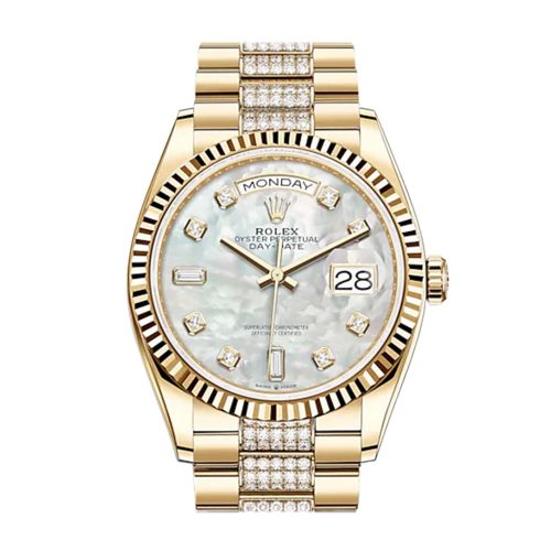 ROLEX Day-Date 36 White Mother-of-Pearl Diamond Dial 18K Yellow Gold Watch Diamond set president Bracelet 128238