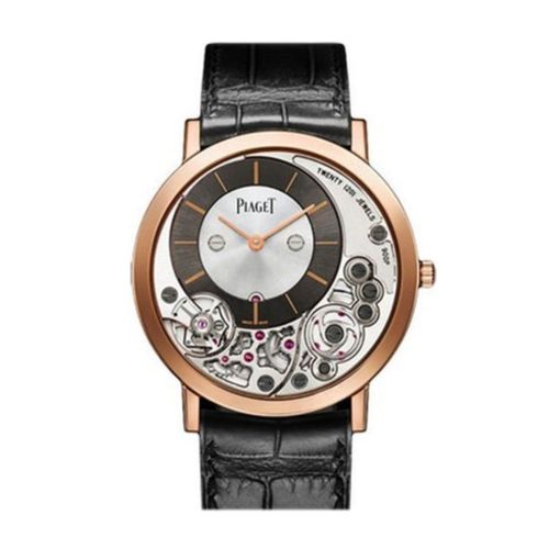 Piaget Altiplano Silver and Black Skeleton Dial 18kt Rose Gold Gray Leather Men's Watch GOA39110