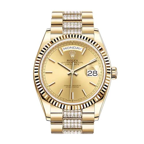 ROLEX Day-Date 36 Champagne Stick Dial 18K Yellow Gold Watch Diamond set president Bracelet 128238